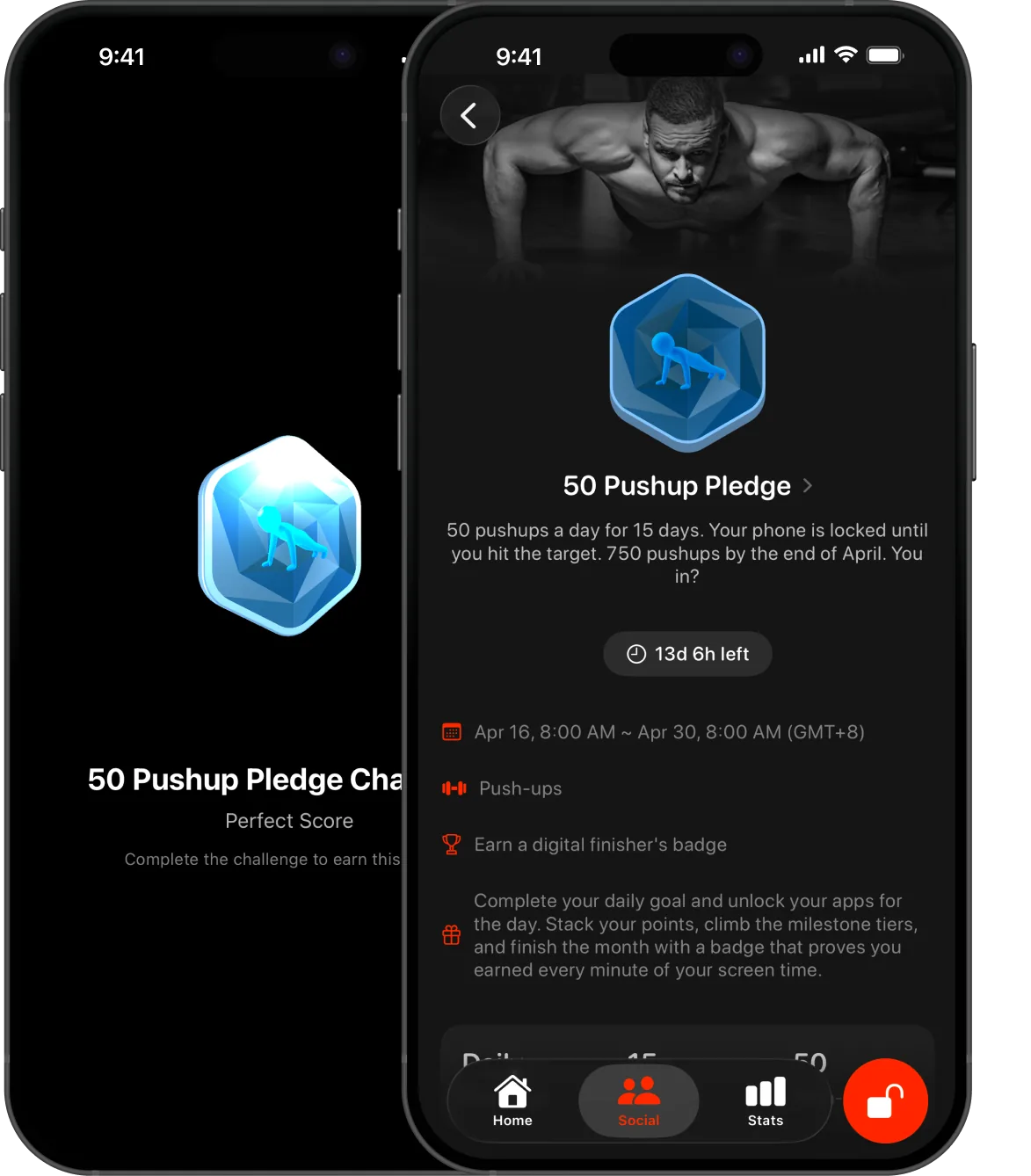 Monthly challenge badge and 50 Pushup Pledge challenge detail screen
