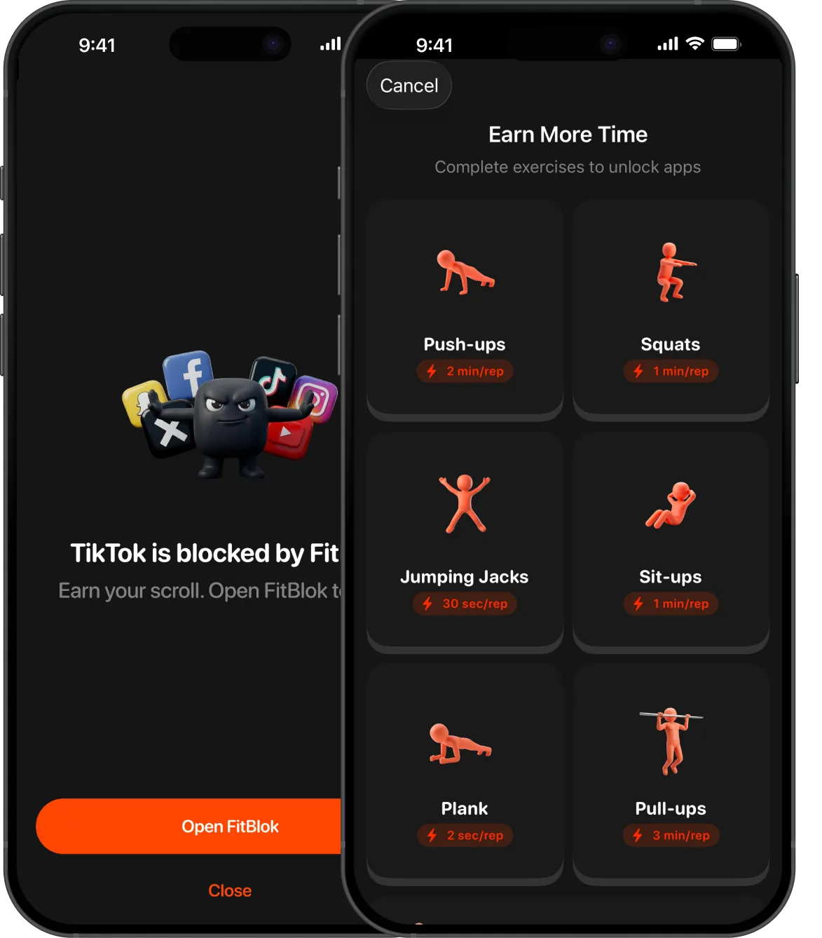 Blocked TikTok screen next to the Earn More Time exercise picker with six AI-tracked exercises