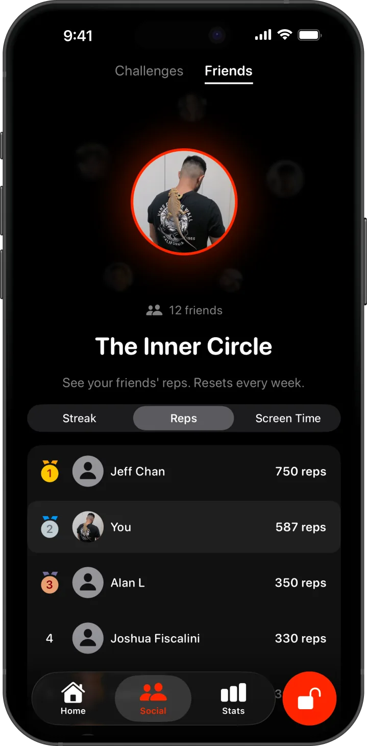 Inner Circle leaderboard with friends ranked by reps